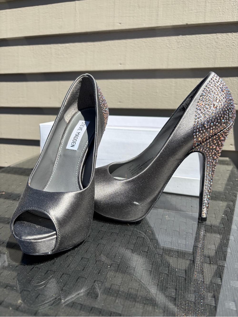 Steve Madden Metallic Silver Satin Peep-Toe Heels with Crystal Embellished Heel